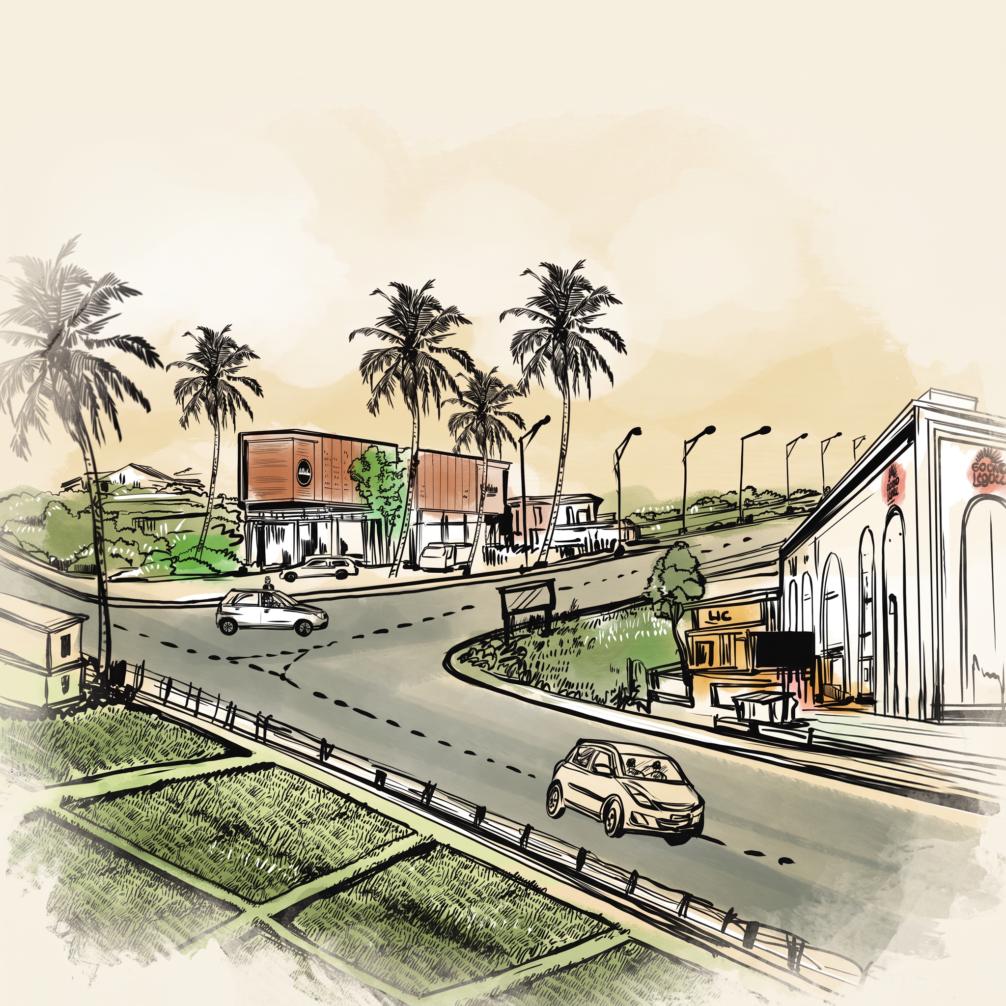 Illustrated Kerala landscape surrounding Nookka
